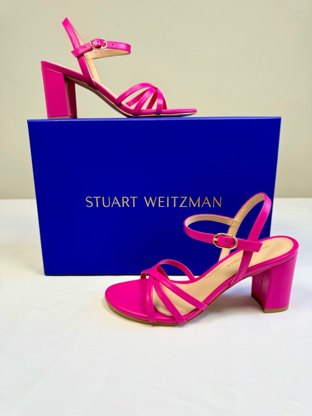 Stuart Weitzman 75MM Starla Leather Block Heel Sandals - Peonia Size 5